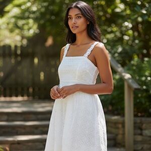 Ann Taylor Lace Strap Eyelet Flare Dress 100% Cotton White Cottagecore Sz 12 NWT